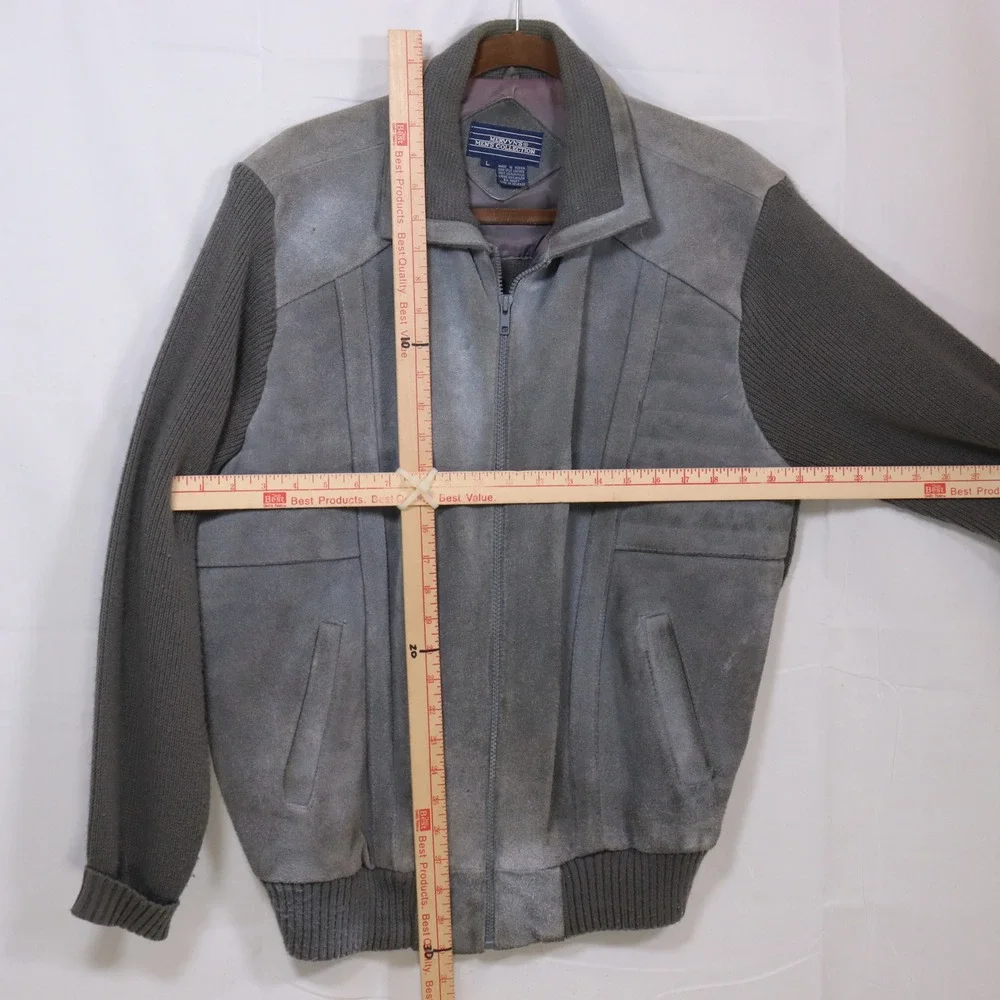 Mervyns Leather Bomber Jacket Large Grey‎ Mens Knit Sleeve Vintage